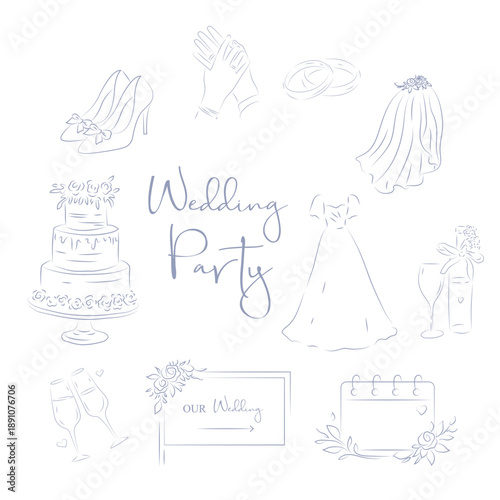 Elegant wedding party line art illustration including bridal dress, veil, rings, cake, champagne glasses, bouquet, and celebration elements.