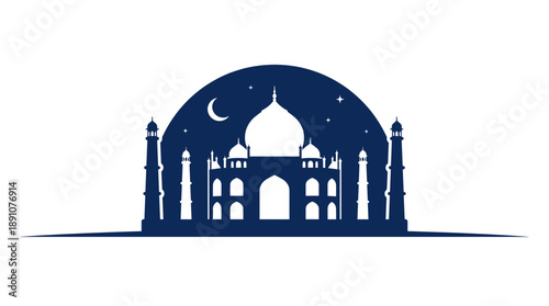 Beautiful Taj Mahal vector silhouette illustration at night with crescent moon and stars in dark blue colors. Indian landmark architecture design for Ramadan or travel logo.