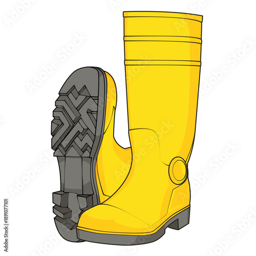 PrintYellow wellington rubber boots isolated on white background. Waterproof footwear for gardening, construction, and rainy weather. Protective safety shoes with tread pattern sole view.
