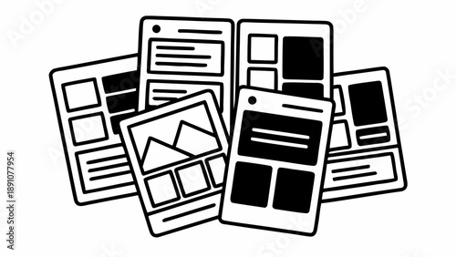 A flat illustration of a chaotic pile of website wireframes, showcasing various layouts and design elements