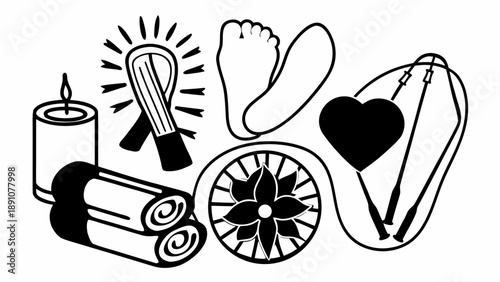 Holistic Wellness and Self-Care Symbols Candle, Ribbon, Foot, Heart, Jump Rope, Flower, and Rolled Towels