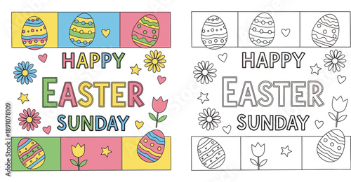 Happy Easter Sunday greeting card and coloring page vector set with decorated eggs, spring flowers, and hearts for kids activity. Outline and colored version for holiday celebration.