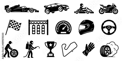 Motorsports and auto racing silhouette icons set featuring racing cars, motorcycles, go-kart, pit crew, and equipment isolated