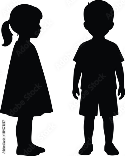 Silhouette illustration of little boy and girl standing apart showing child figures profile view vector design minimal black white concept