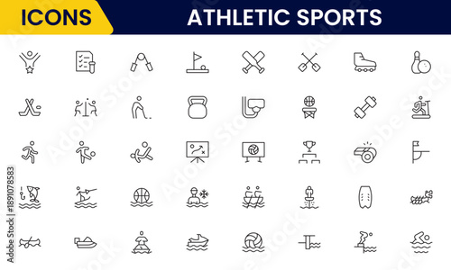 Athletic Sports Icons vector illustration with thin line contains a medal, football, basketball, cycling, athlete, racket, table tennis, sparing, cardio, gym, weight training, golf, volleyball