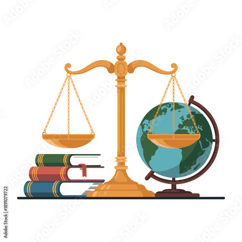 An illustration of a scale of justice with a globe and books representing law and education