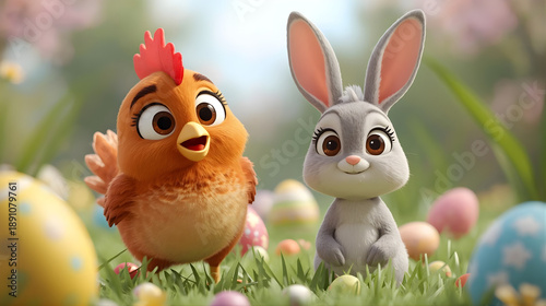 easter bunny and Hen  with eggs 