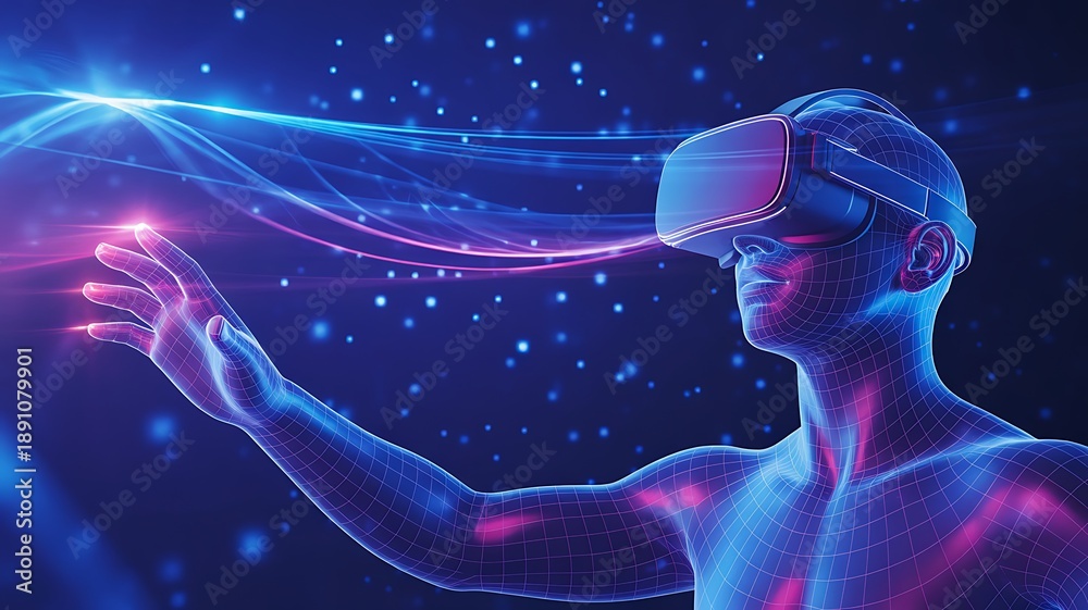 Naklejka premium Virtual reality user interacting with futuristic digital interface 