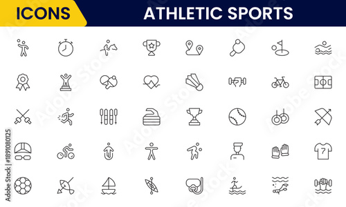 Athletic Sports Icons vector illustration with thin line contains a medal, football, basketball, cycling, athlete, racket, table tennis, sparing, cardio, gym, weight training, golf, volleyball