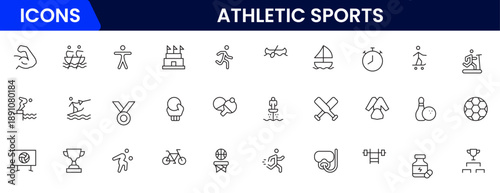 Athletic Sports Icons vector illustration with thin line contains a medal, football, basketball, cycling, athlete, racket, table tennis, sparing, cardio, gym, weight training, golf, volleyball