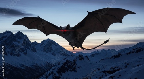Fantasy monster with red glowing eyes flying over snowy mountains at dusk.
