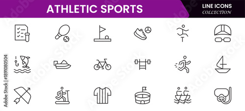 Athletic Sports Icons vector illustration with thin line contains a medal, football, basketball, cycling, athlete, racket, table tennis, sparing, cardio, gym, weight training, golf, volleyball