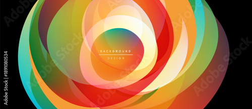 Abstract colorful layers create dynamic circular pattern. Vibrant hues blend, forming modern background design. Smooth gradients offer visual interest.