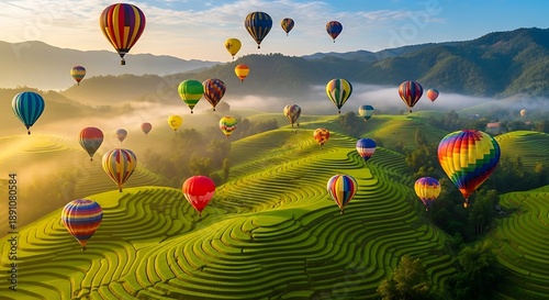 Hot air balloons floating over lush green rice terraces at sunrise.