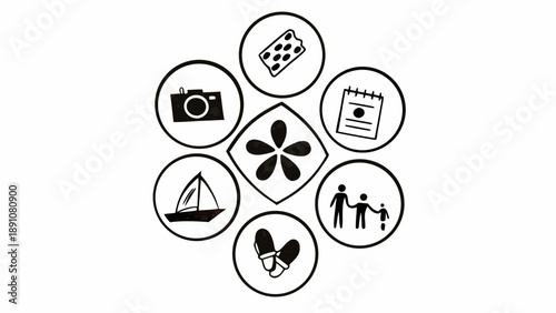A collection of icons representing leisure activities and family surrounding a central flower symbol, depicted in a clean and simple graphic illustration style.