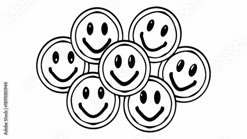 A group of smiley faces arranged in a cluster on a plain white surface viewed from directly above