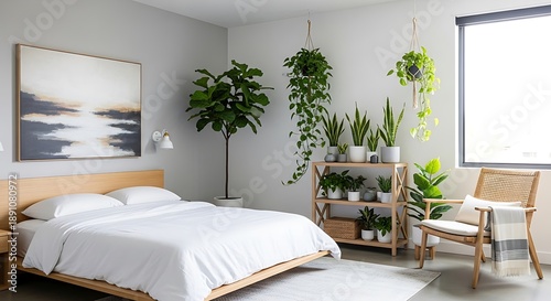 Bright Bedroom Oasis - A Serene Space Filled with Lush Green Plants.