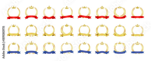 月桂冠・王冠・リボンの豪華な受賞フレーム ベクターセット｜Award Frame Vector Set with Laurel Wreath, Crown and Ribbon