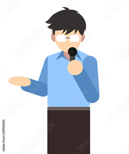 Flat vector illustration of a man with glasses holding a microphone for presentation or public speaking