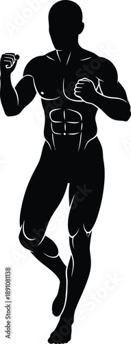 A silhouette of a muscular man in a dynamic pose, showcasing his well-defined physique.