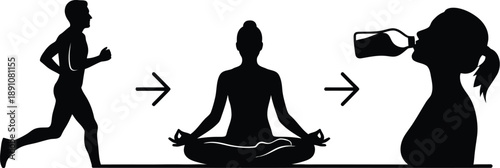 silhouette of a woman in yoga position, a person meditating, and a person drinking from a water bottle, representing different stages of a fitness routine.