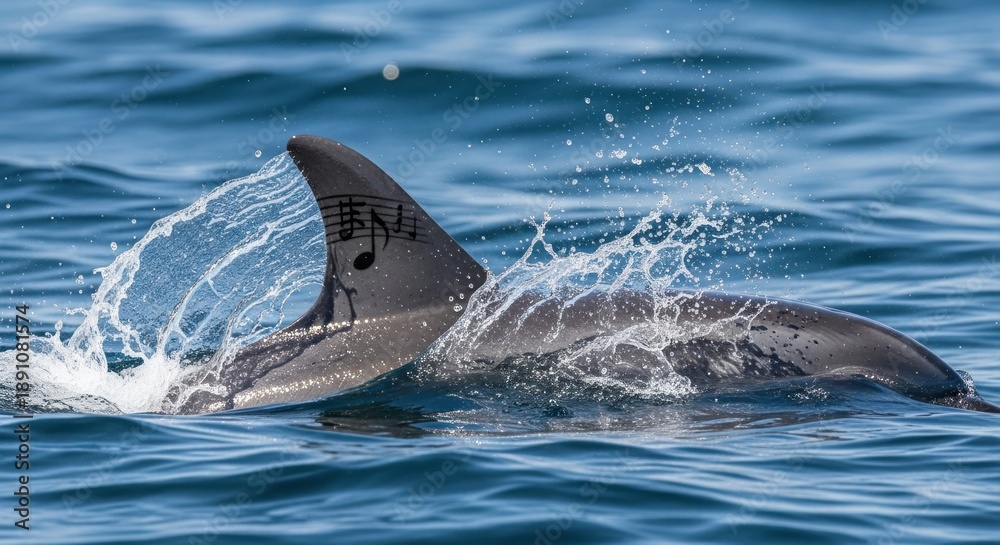 Fototapeta premium Dolphin fin with musical notes breaks surface of blue ocean water.