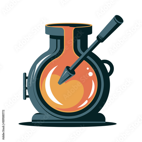 A cartoon-style illustration of a crucible with a pouring spout and handle, containing a glowing orange liquid.