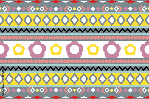 Seamless abstract geometric pattern with pink flower,yellow and white color on  grey background ,Native American tribal fabric, tile, carpet, vector, illustration design.Navajo pattern design.	