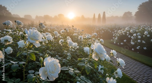 White Roses in Misty Garden at Sunrise - Serene Floral Landscape.