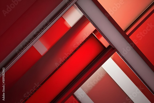 Abstract red glass facade with geometric shapes, light, and shadow creating a bold modern pattern