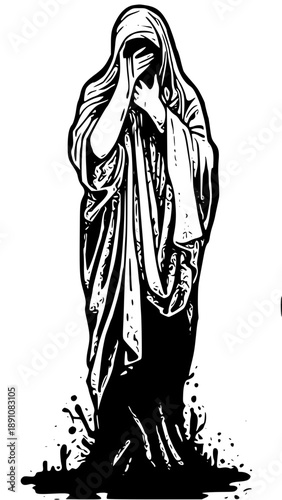 Elegant woman in sorrowful prayer pose illustration