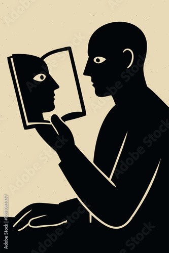 Minimalist vector poster illustration of a bald man reading a book where a profile face silhouette stares back at him. Self-discovery concept.