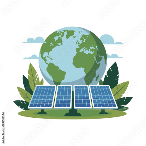 An illustration of solar panels in front of a globe with leaves and clouds, representing renewable energy and sustainability.