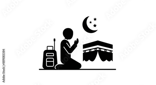Man praying with luggage and kaaba silhouette in islamic pilgrimage concept with crescent moon