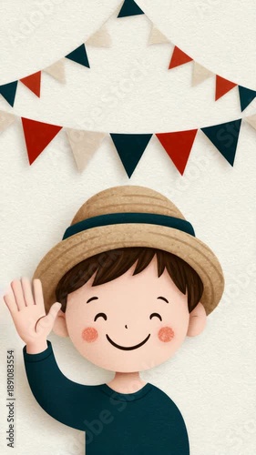 Smiling boy waves cheerfully at a festive celebration event with colorful bunting
