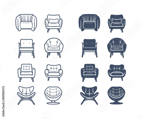 chair furniture home decoration icon set. Linear icon and glyph icon. transparent background.