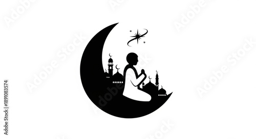Ramadan silhouette with crescent moon mosque and person praying symbolizing spirituality and fasting during islamic holy month