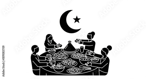 Family gathering for iftar meal with traditional food and drinks during ramadan crescent moon and star shining above