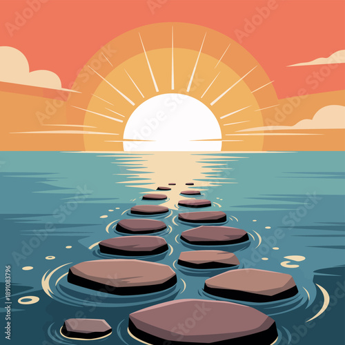 A serene illustration of stepping stones leading to the horizon at sunset over calm waters
