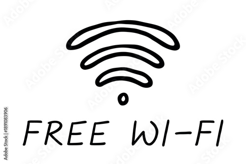 Hand drawn free wifi spot zone sign Public wi-fi area sign Wireless internet clipart in doodle style Single element for print, web, design, decor 3G, 4G, 5G, 6G, IoT