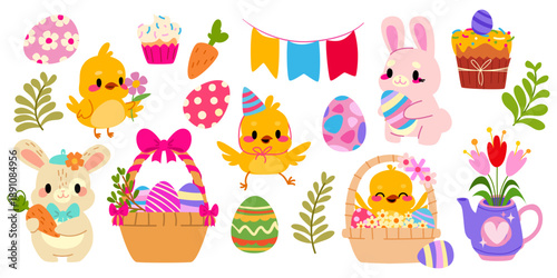 Easter bunny, chick and colored eggs cartoon elements, spring flowers in basket, bouquet in watering can or teapot. Cute vector illustration set, funny baby animals for happy festive design