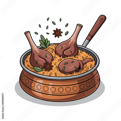 A delicious and aromatic dish of lamb biryani in a traditional copper pot with fresh herbs and spices.