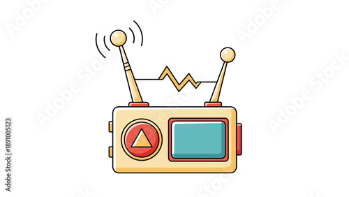 Vintage style illustration of a radio transmitter with antennae and signal waves on a white background representing communication and tech.