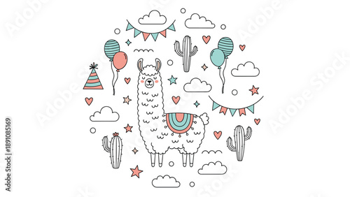 Adorable llama illustration surrounded by cacti balloons party hats and stars in a circular arrangement for a festive birthday theme.