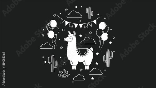 Festive white line art illustration of a llama surrounded by balloons and cacti on a black background for a modern celebratory look.