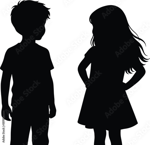 Silhouette illustration of young boy and girl standing separately facing each other representing childhood curiosity interaction innocence black vector design
