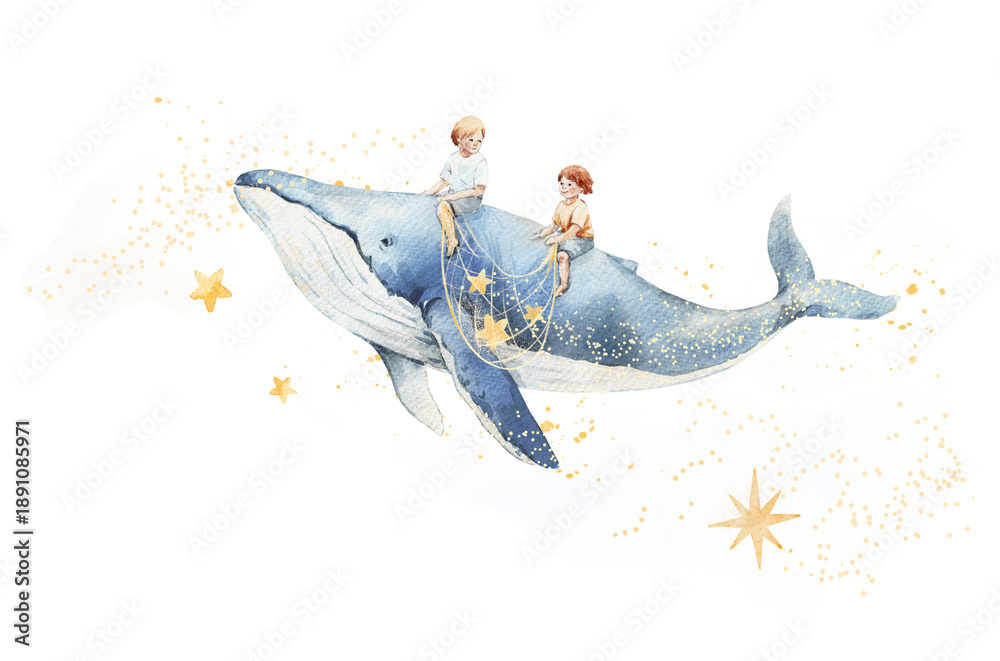 Fototapeta premium Whimsical watercolor illustration of a boy riding a flying whale in a dreamy night sky. Perfect kids poster for boys nursery, children room decor, wall art, prints, baby gifts, and storytelling