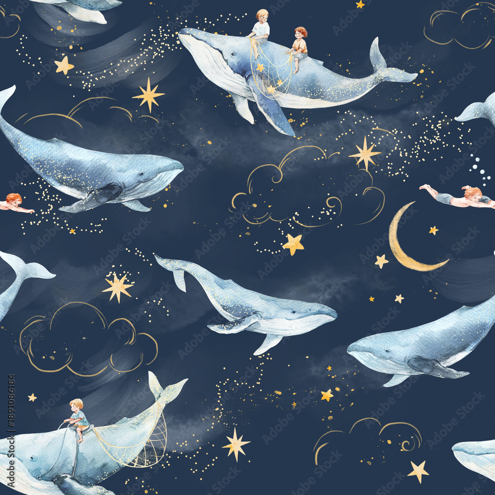 Fototapeta premium Whimsical Seamless Pattern with Flying Whales and Children, Night Sky, Stars and Moon Fantasy Illustration
