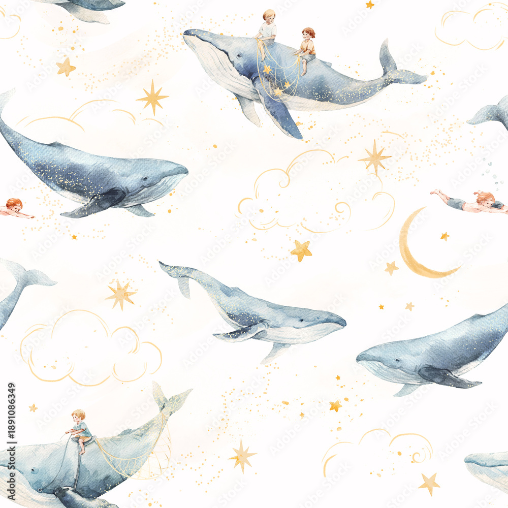 Fototapeta premium Whimsical Seamless Pattern with Flying Whales and Children, Sky, Stars and Moon Fantasy Illustration
