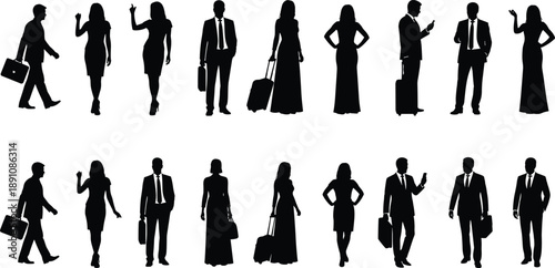 Silhouettes of diverse male and female business professionals walking, standing, and traveling with luggage, symbolizing corporate lifestyle, teamwork, networking